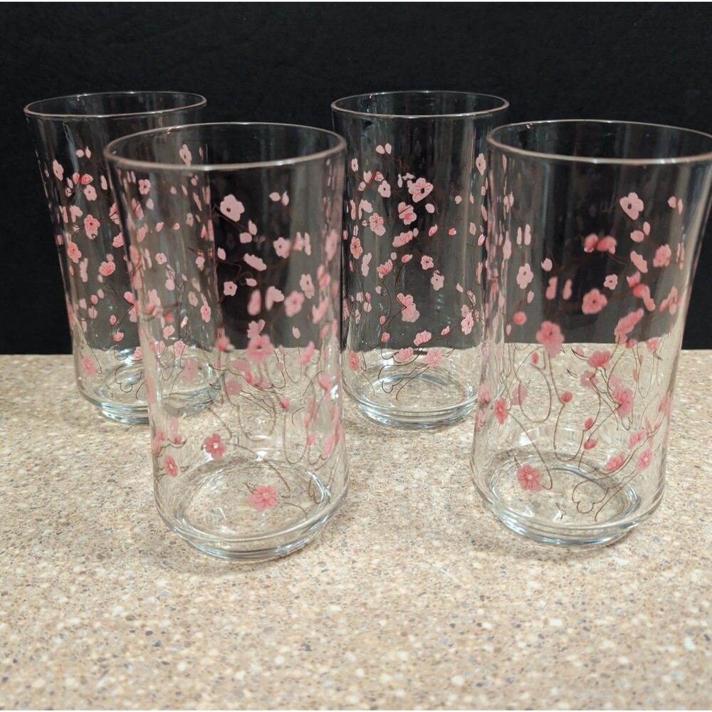 ​Vintage Clear Glass Tumblers Pink Cherry Blossom Dogwood Textured Set of 4